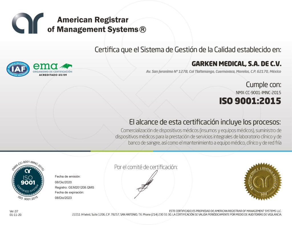 Certificación ISO9001:2015 Garken Medical